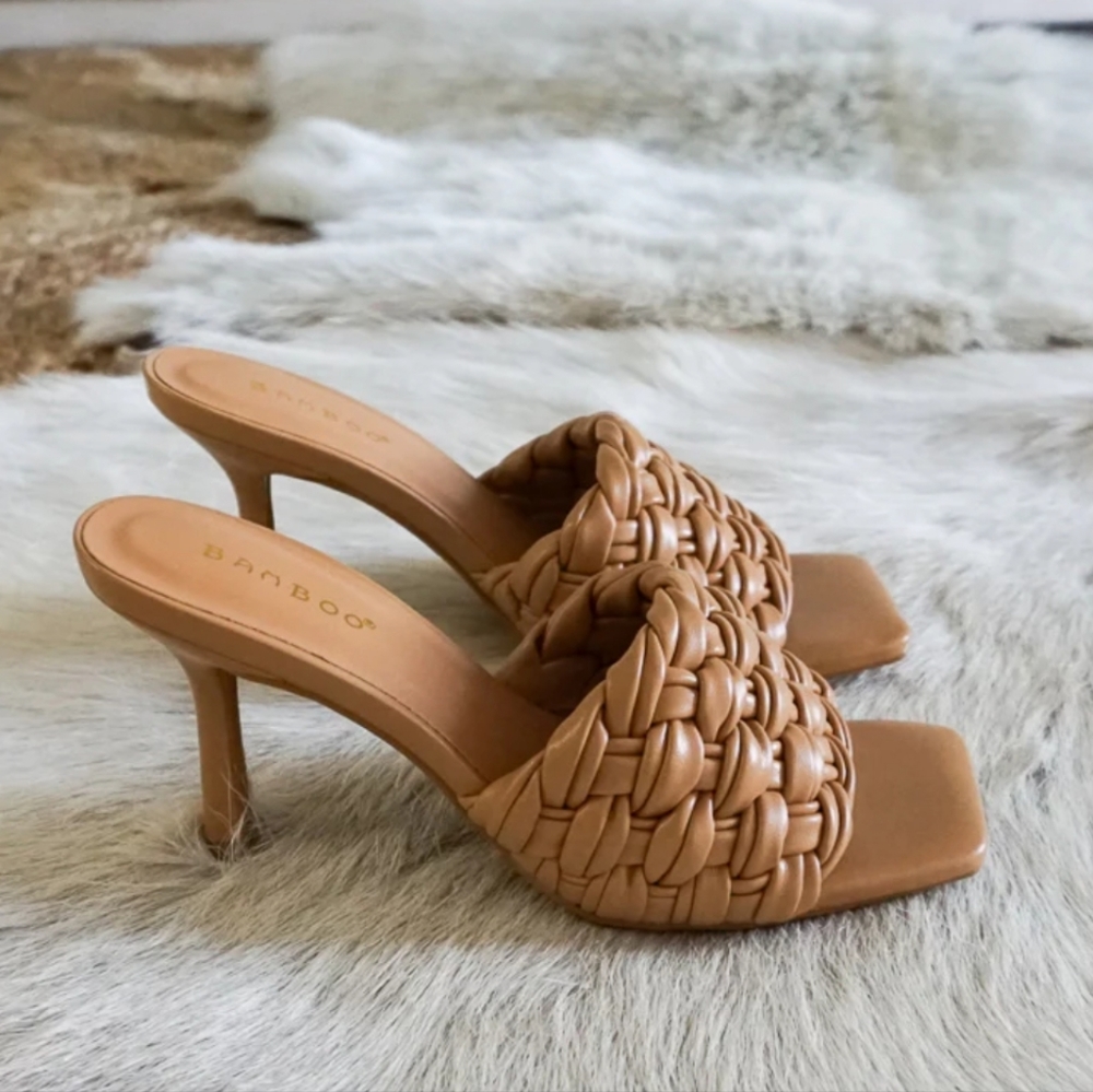 Laura Woven Heeled Mule in Tan